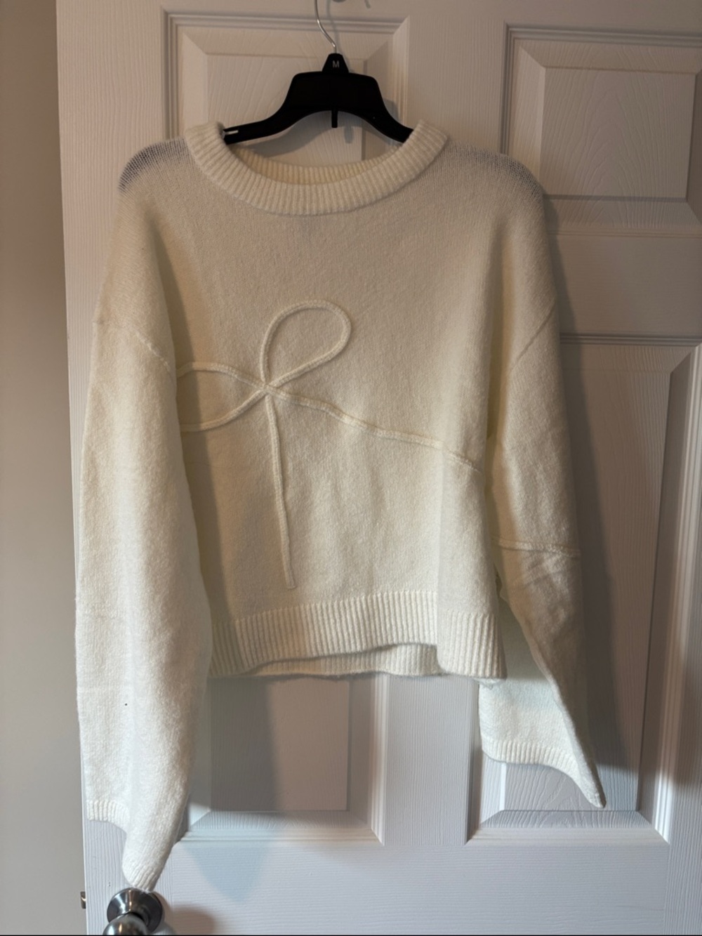 Divided Cream Crewneck Sweater with Bow Detail Size L